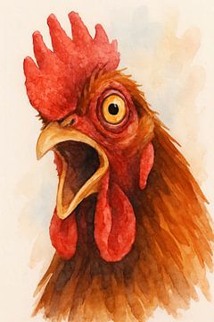 Wat zie ik nou?! (AI) (Verbaasde haan close-up kop grappig humor kippenkunst aquarel schilderij blikvanger boerderijdier) van Natalie Bruns