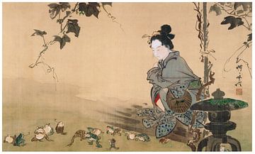 Kawanabe Kyōsai - Schoonheid kijkt naar spelende kikkers van Peter Balan