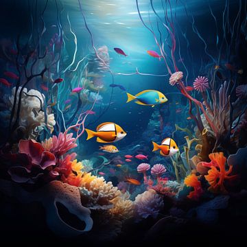 Monde sous-marin fleuri avec des plantes et des poissons exotiques tropicaux sur Evelien Doosje