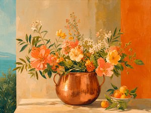 Sommerliches mediterranes Blumenstillleben in einem Kupfertopf