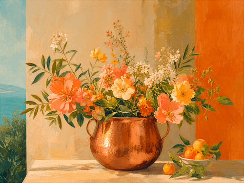 Sommerliches mediterranes Blumenstillleben in einem Kupfertopf