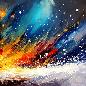Kersttijd in een impasto explosie van kleur: besneeuwde takken en drijvende kerstballen, bekroond door een stralende ster, omringd door wervelende tinten, dansende sneeuwvlokken en abstracte wintermagie. van AidasignArt