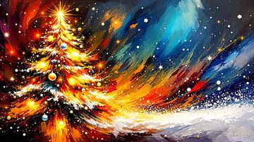 Noël dans une explosion de couleurs pastel : des branches couvertes de neige et des boules flottantes, couronnées d'une étoile lumineuse, entourées de tons tourbillonnants, de flocons de neige dansants et de magie hivernale abstraite