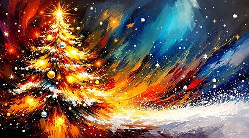 Noël dans une explosion de couleurs pastel : des branches couvertes de neige et des boules flottantes, couronnées d'une étoile lumineuse, entourées de tons tourbillonnants, de flocons de neige dansants et de magie hivernale abstraite