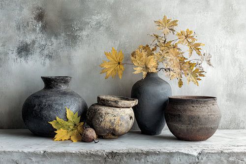 Keramieken Vazen met Herfstbladeren - Rustgevend Stilleven