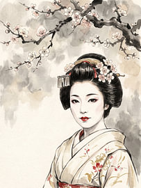 Elegante Geisha unter blühenden Pflaumenzweigen von my pixel art