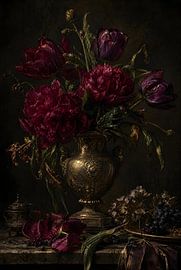 Moody Peonies in Vintage Brass Vase by Moodify Studios