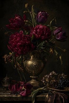 Moody Peonies in Vintage Brass Vase