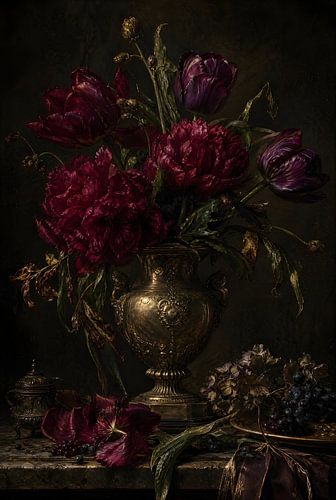 Moody Peonies in Vintage Brass Vase
