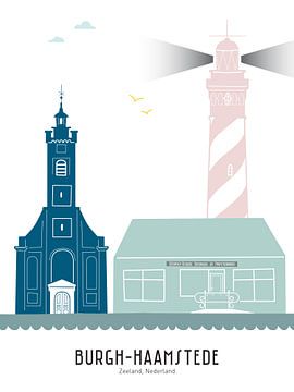 Skyline illustratie Burgh-Haamstede in kleur van Mevrouw Emmer