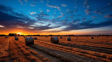 Zonsondergang over het veld met hooibalen en dramatische lucht van Animaflora PicsStock