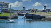 The harbour of Wemeldinge with two windmills by Gert van Santen thumbnail