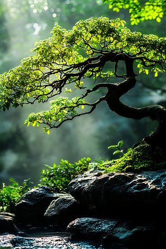Elegante bonsai met ochtendlicht