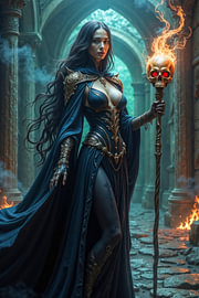 Dark Fantasy Décoration Murale: NYXARETHA - La sorcière au crâne enflammé dans son château sur INFERAURUM - Dark Fantasy Wall Art