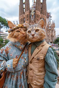 Miaous de Gaudí : Couple de chats devant la Sagrada Família sur Felix Brönnimann