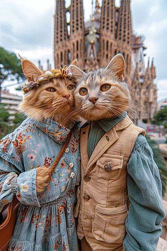 Miaous de Gaudí : Couple de chats devant la Sagrada Família