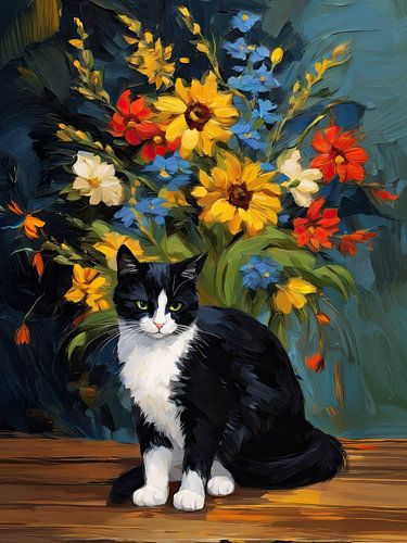 Zwart-witte kat met bloemen in kunststijl