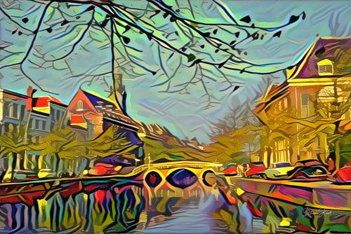 Rapenburg Leiden met Nonnenbrug en Academiegebouw in stijl Picasso