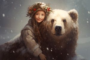 Winterlandschaft mit einem Bären und einem Mädchen