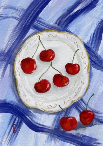 Een bord kersen Voedselschilderij