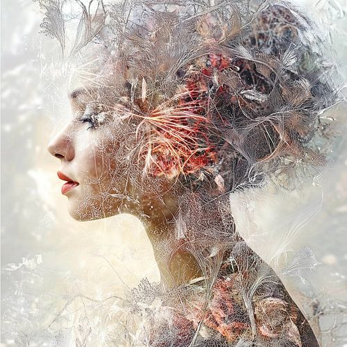 Femme éthérée fusionnée avec la nature et la lumière