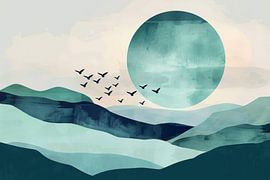 Blauer Sonnenaufgang mit Vögeln – Minimalistische Landschaftskunst von Poster Art Shop