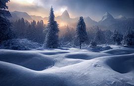 Landschaft im Winter mit Schnee am Abend Illustration