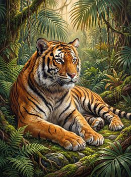 Tiger in the jungle forest lies on tropical leaves