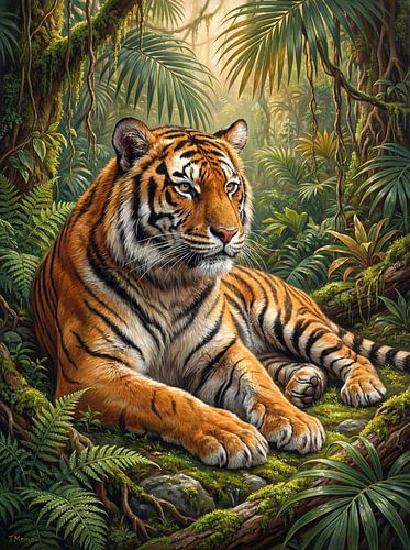 Tiger in the jungle forest lies on tropical leaves