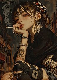 Japanese woman with cigarette painting by B A G O G O N G