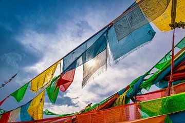 Zonlicht gefilterd door gebedsvlaggen, Tibet