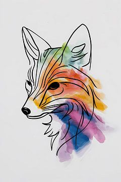 Abstracte waterkleur vos in lijnkunst van De Muurdecoratie