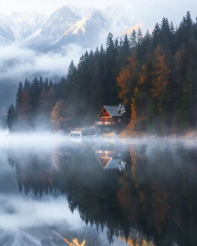 Rust in de mist van een bergmeer