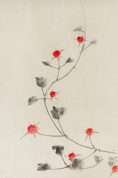 Japanse kunst. Kleine rode bloesems aan een wijnstok door Katsushika Hokusai. van Dina Dankers