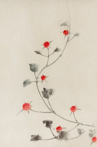 Art japonais. Petites fleurs rouges sur une vigne par Katsushika Hokusai. sur Dina Dankers