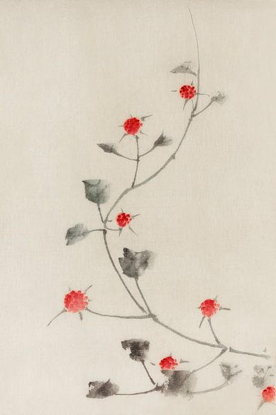 Japanese art. Small Red Blossoms on a Vine by Katsushika Hokusai. by Dina Dankers