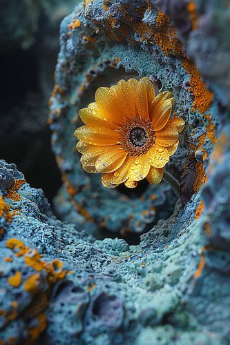 Une fleur jaune s'épanouit dans une formation rocheuse extraterrestre