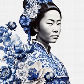 Japanische Frau in Delftware auf weißem Hintergrund, moderne Variante eines Geisha-Porträts von Mijke Konijn