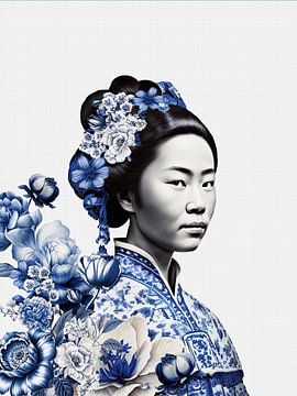 Japanse vrouw in Delfts blauw op Witte achtergrond, moderne variatie op een Geisha portret van Mijke Konijn