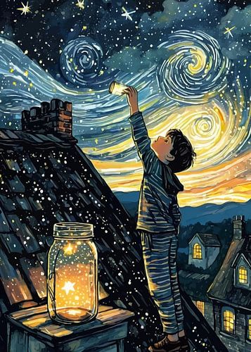 Jongen reikt naar sterren op dak