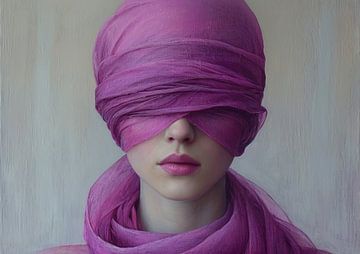 Vrouw Paarse Blinddoek | Hidden Beauty Unveiled van Kunst Kriebels