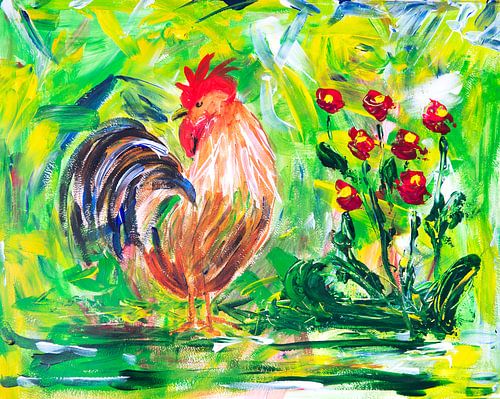 Schilderij haan en bloemen