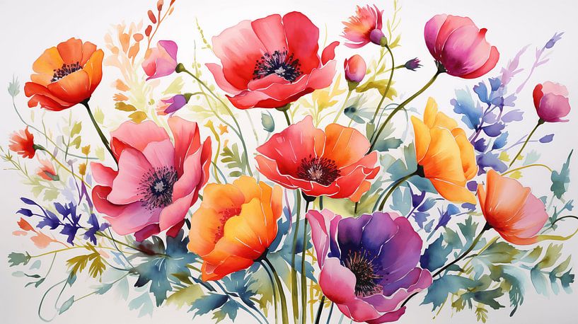 Stilleven kleurrijke klaprozen aquarel schilderij op wit canvas kunst ontwerp van Animaflora PicsStock