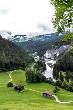 Grünes Alpental mit Flussbiegung