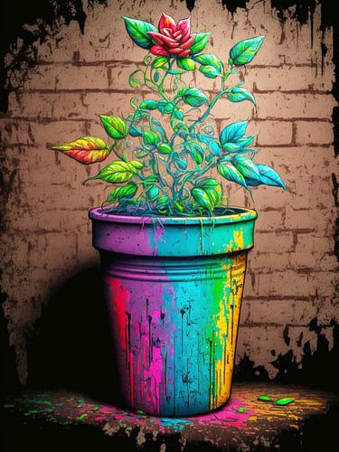 Kleurrijke potplant roos surrealistisch kleurenspel