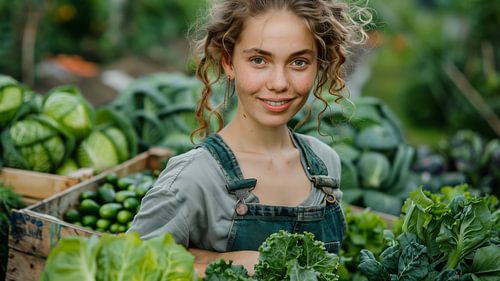 Boerin oogst in de tuin.