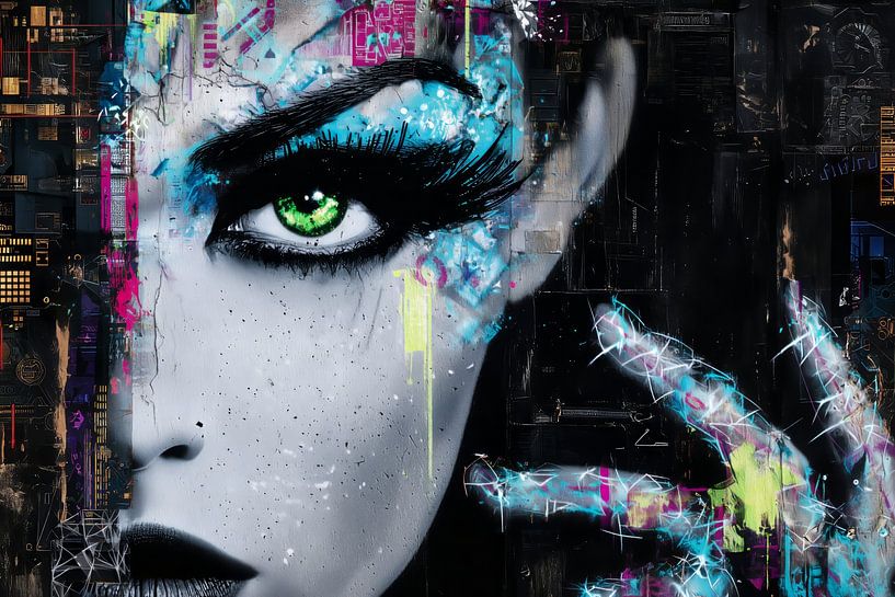 Urban Matrix - Cyberpunk Frau in digitaler Stadtlandschaft von MArt