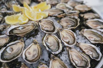 Verse oesters op ijs in close-up met citroen van Simon Peeters