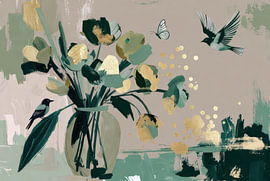 Blumenstillleben | Vögel | Gold | Abstrakt von Imperial Art House