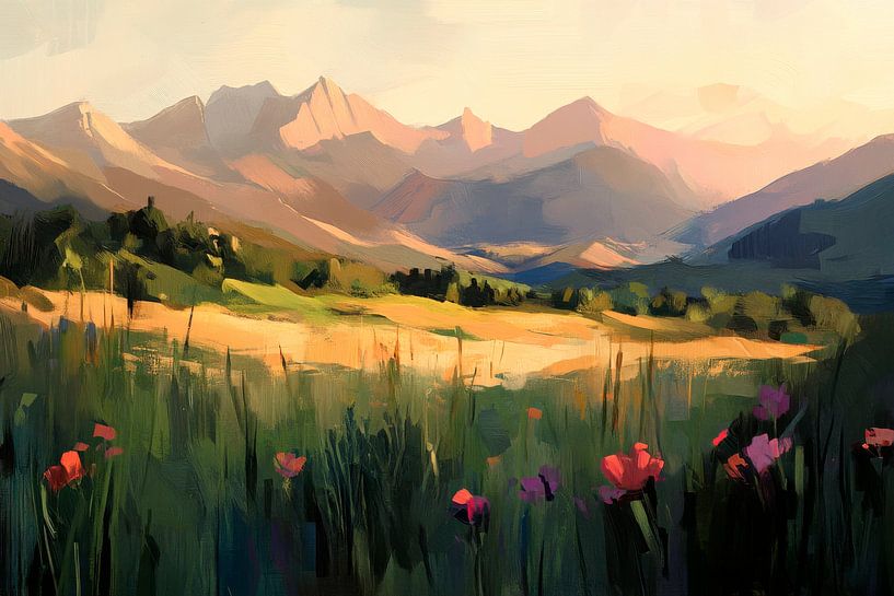 Berglandschap met bloemen van Poster Art Shop